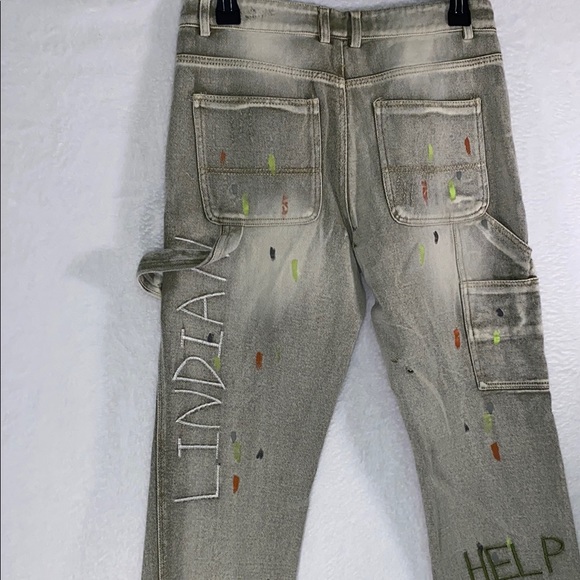 Tan Straight-Leg Jeans with Distressed Artistic Flair - Picture 6 of 8
